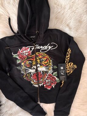 Ed Hardy Black Zip-Up Bomber Jacket with Tiger & Rose Design